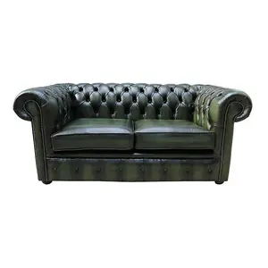 Chesterfield 2 Seater Antique Green Leather Tufted Buttoned Sofa Settee In Classic Style