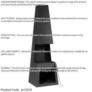 Elegant 45x150cm Black Steel Chiminea Wood Burner with Firewood Storage for Outdoor Heating