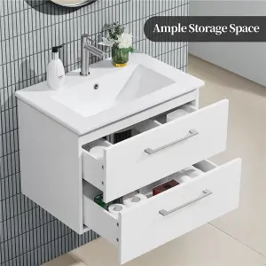 Yaheetech White Wall Mounted Bathroom Vanity Unit Cabinet with Ceramic Basin