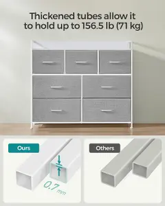 SONGMICS Fabric Drawer Chest, Bedroom Storage Cabinet, 7 Drawers with Handles, Metal Frame, Dove Grey and Cloud White