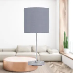 First Choice Lighting Set of 2 Chrome Stick Table Lamps with Grey Cotton Shades