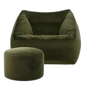 icon Natalia Velvet Armchair Bean Bag and Pouffe Set Olive Green Giant Bean Bag Chair