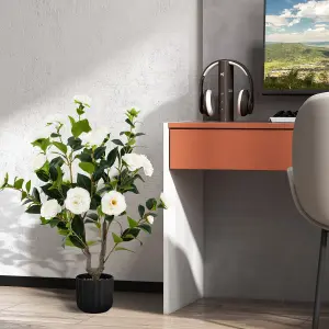 Costway Artificial Camellia Tree Faux Flower Plant Artificial Tree in Cement Pot Greenery Potted Plant Free Maintenance