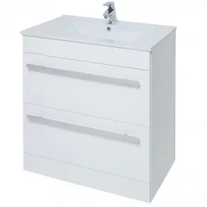 Bathroom 2-Drawer Floor Standing Vanity Unit with Ceramic Basin 800mm Wide - White  - Brassware Not Included