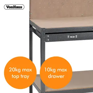 VonHaus Garage Work Bench with Pegboard - Suitable for Most Garage Equipment - Storage Drawer, Shelf and 20 Hooks - 230kg Capacity