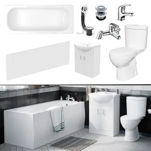 Nes Home 1700mm Bath, 550mm White Basin Vanity, Toilet, Taps & Front Panel