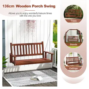 Costway 2-Person Porch Hanging Swing Chair Wooden Garden Swing Bench w/ Slatted Back