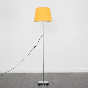 ValueLights Standard Floor Lamp In Polished Chrome Metal Finish With Mustard Tapered Shade With 6w LED GLS Bulbs In Warm White