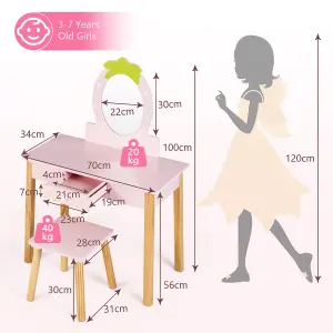 Costway 2-in-1 Kids Vanity Set Children Wooden Vanity Set w/ Stool Mirror & Drawer