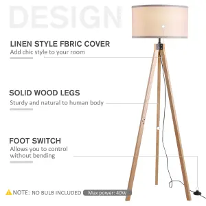 HOMCOM Wood Tripod Floor Lamp Home Lighting Elegant E27 Bulb Linen Shade Beige