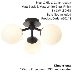 Semi Flush Multi Arm Bathroom Ceiling Light - Matt Black & White Glass - 3 Lamp