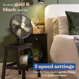 Russell Hobbs Desk Fan Electric Cooling Brushed Gold & Black 3 Speed RHMDF1201BG