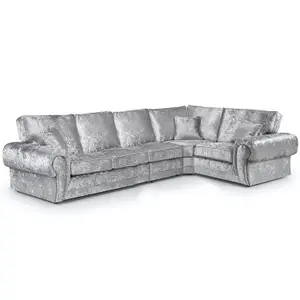 Chelsea Silver Crushed Velvet Long 5 Seater Large Corner Sofa 3 Corner 1 Rolled Arms