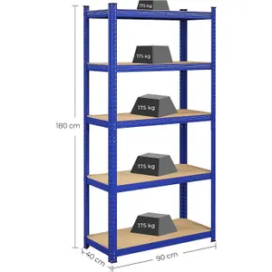 Garage Shelving, 5-Tier Storage Racks, Set of 2, 180 x 90 x 40 cm, Max. Load 875 kg (175 kg per Tier), Shelving Units, Blue