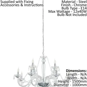 Chandelier Ceiling Light Chrome Plated Steel & Clear Glass Droplets Bulb E14 12x40W