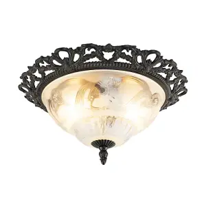 Traditional and Classic Matt Black and Frosted Floral Glass Flush Ceiling Light