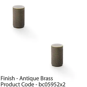 2 PACK - Knurled Cylinder Cupboard Door Knob - 20mm x 35mm - Antique Brass Pull Handle