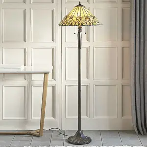 1.6m Tiffany Twin Floor Lamp Dark Bronze & Amber Stained Glass Shade i00017