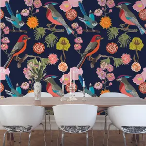 Origin Murals Floral Birds Dark Blue Matt Smooth Paste the Wall Mural 300cm wide x 240cm high