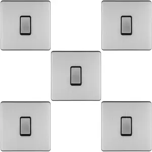 5 PACK 1 Gang Single Light Switch SCREWLESS SATIN STEEL 2 Way 10A Slim Rocker