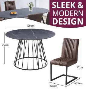 Hallowood Furniture Cullompton Large 120cm Round Table with 4 Brown Leather Effect Dining Chairs