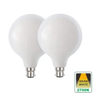 Harper Living 8 Watts G125 B22 BC Bayonet LED Bulb Opal Finish Warm White Dimmable, Pack of 2