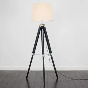 ValueLights Clipper Black Wood and Silver Chrome Tripod Floor Lamp with Beige Tapered Light Shade with 6w LED GLS Bulb