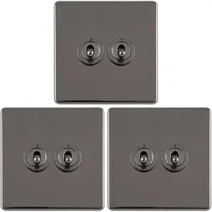 3 PACK 2 Gang Double Retro Toggle Light Switch SCREWLESS BLACK NICKEL 10A 2 Way