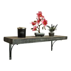 Solid Wood Handmade Rustical Shelf Monochrome 175mm 7 inch with Black Metal Bracket BOW Length of 190cm