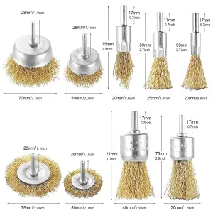 9 Sizes Metal Brushes With 1/4 Inch Shank - Cup Brush And Tube Brush Kit - Brass Coated Wire Brush Wheel - Durable