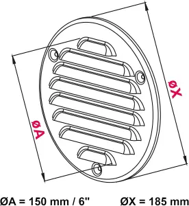 Brown Louvred Wall Vent Grille with Flyscreen, Fits 150 mm / 6 in Ducts, Round Ventilation Grille with Flat Back