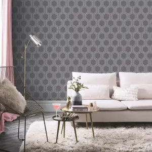 Arthouse Luxe Hexagon Gunmetal Silver Wallpaper