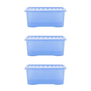 Wham Crystal Sparkle 3x 45L Plastic Storage Boxes with Lids Tint Sparkle Blue. Medium Size, Strong (Pack of 3, 45 Litre)