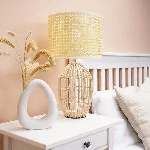 ValueLights Hollins Natural Rattan Cylinder Table Lamp with Cream Woven Rattan Wicker Shade