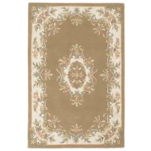 Handmade Bordered Floral Easy to Clean Beige Traditional Wool Rug for Living Room & Bedroom-160cm X 235cm