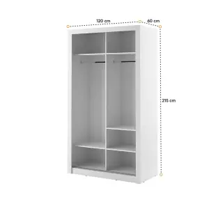 LUX XIX - Elegant White Mirrored Sliding Door Wardrobe (H2150mm W1200mm D600mm) With Customisable Interior Layout