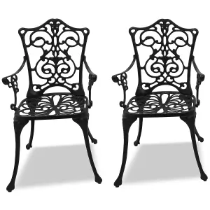 Homeology Tabreez 2-Large Garden and Patio Bistro Chairs with Armrests in Cast Aluminium Black