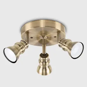 ValueLights Trad Modern Retro Antique Brass 3 Way Round Adjustable Ceiling Spotlight