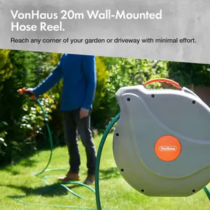 VonHaus Hose Reel, 20m Wall Mounted Hose Reel for Garden, Retractable Hose Reel Auto Rewind, Includes Wall Fixings, 180 Pivot