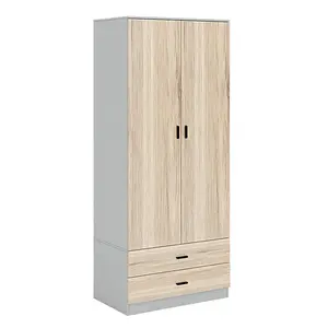 URBNLIVING 180cm Tall Wooden 2 Door Wardrobe Grey Carcass and Oak Drawers With 2 Drawers Bedroom Storage Hanging Bar Clothes