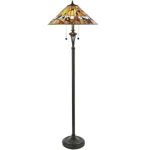 1.5m Tiffany Twin Floor Lamp Dark Bronze & Floral Stained Glass Shade i00004