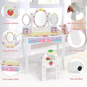 Costway Kids Vanity Table Chair Set Children Makeup Dressing Table w/ Tri-fold Mirror