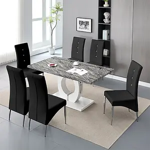 Furniture In Fashion Halo Melange Marble Effect Dining Table 6 Vesta Black Chairs