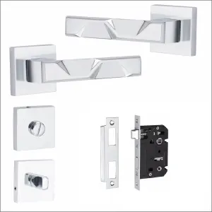 1 Pair Modern Nova Design Polished Chrome Premium Bathroom Door Handles Square Rose - Golden Grace