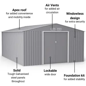 BillyOh Ranger Apex Metal Shed With Foundation Kit - 11x14 Light Grey