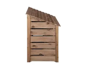 Slatted wooden log store with door and kindling shelf W-119cm, H-126cm, D-88cm - brown finish