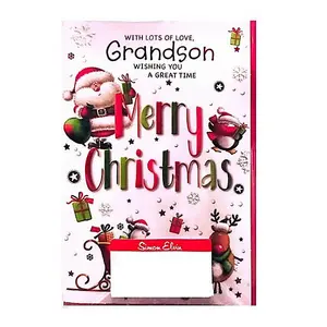 Simon Elvin With Lots Of Love Grandson Santa Claus Christmas Card (Pack of 6) White/Red/Green (One Size)