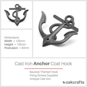 Oakcrafts - Antique Cast Iron Anchor Design Double Coat Hook - 135mm High