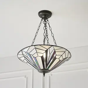 Luminosa Astoria 3 Light Large Ceiling Pendant Dark Bronze, Tiffany Style Glass, E27