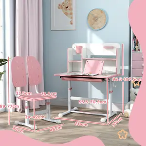 AIYAPLAY Kids Desk and Chair Set w/ Tiltable Desktop Reading Rack - Pink